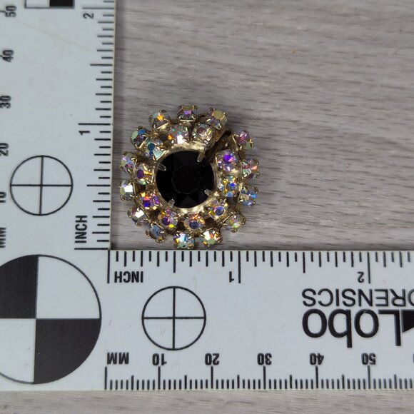 Vintage Gold Tone Aurora Borealis Rhinestones & Black Gem Round Clip On Earrings - Picture 5 of 6